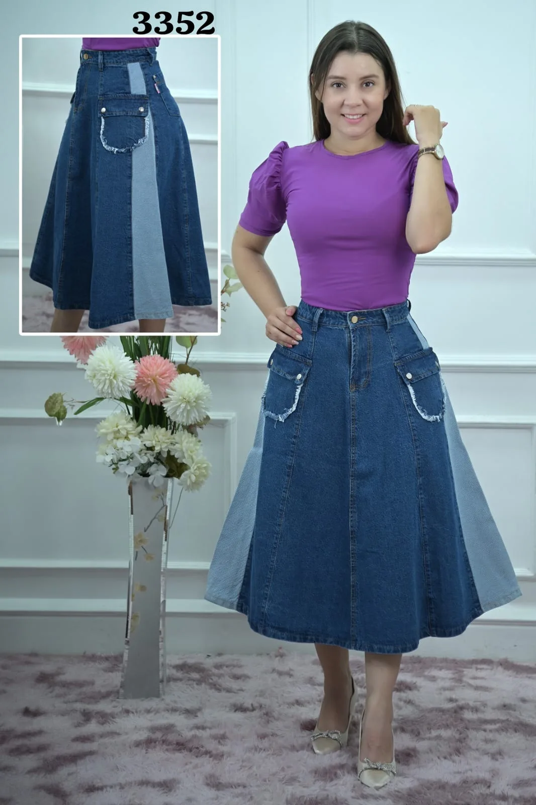 Falda midi azul de paneles bicolor · Ref. 3352. Fotografía 1 de la prenda.