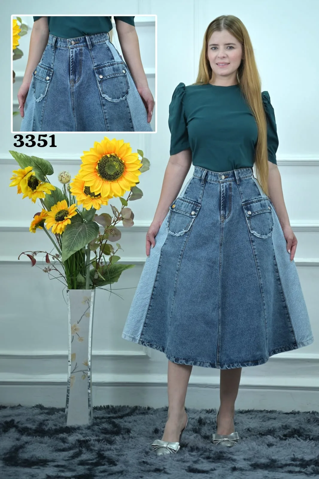 Falda midi azul lavado con bolsillos · Ref. 3351. Fotografía 1 de la prenda.