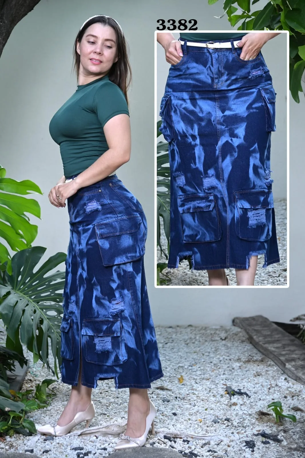 Falda azul con lavado de contraste y bolsillos cargo · Ref. 3382. Fotografía 1 de la prenda.
