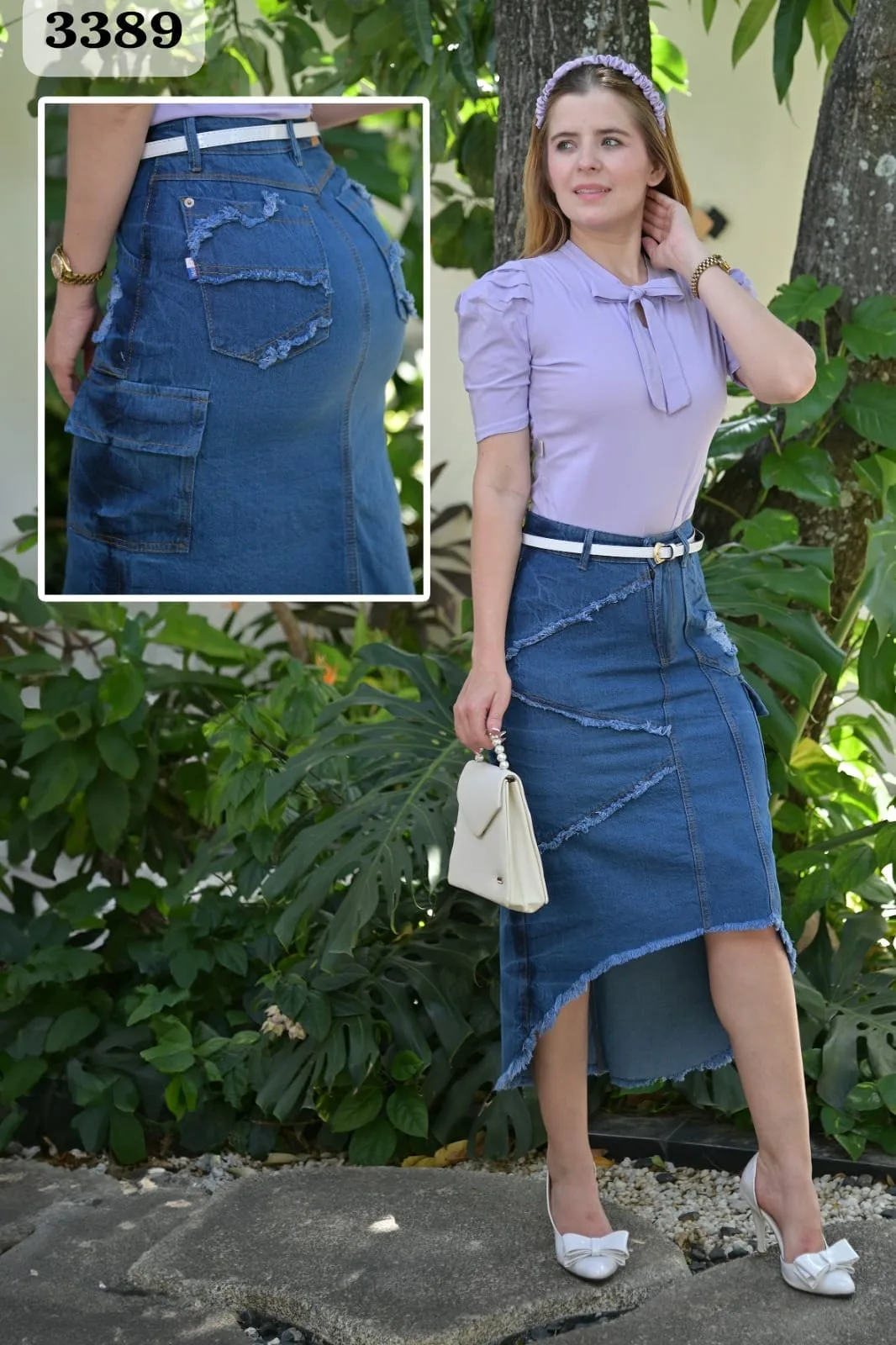 Falda azul asimétrica con costuras decorativas · Ref. 3389. Fotografía 1 de la prenda.
