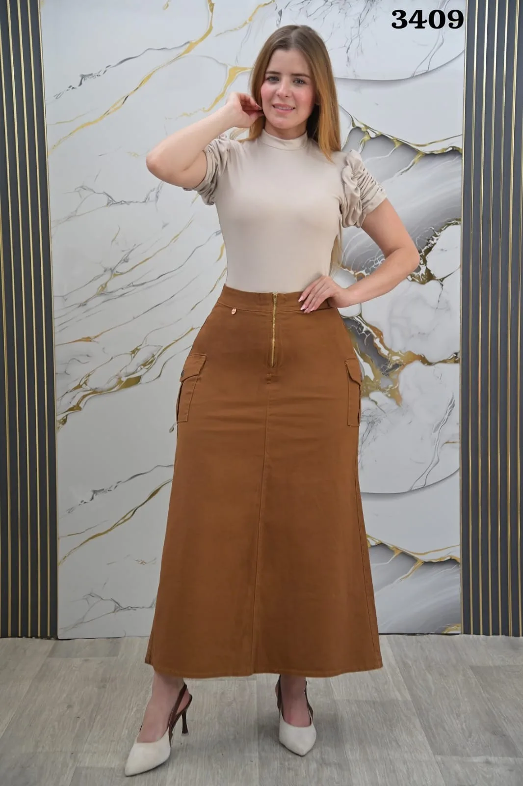 Falda larga camel en A · Ref. 3409. Fotografía 1 de la prenda.