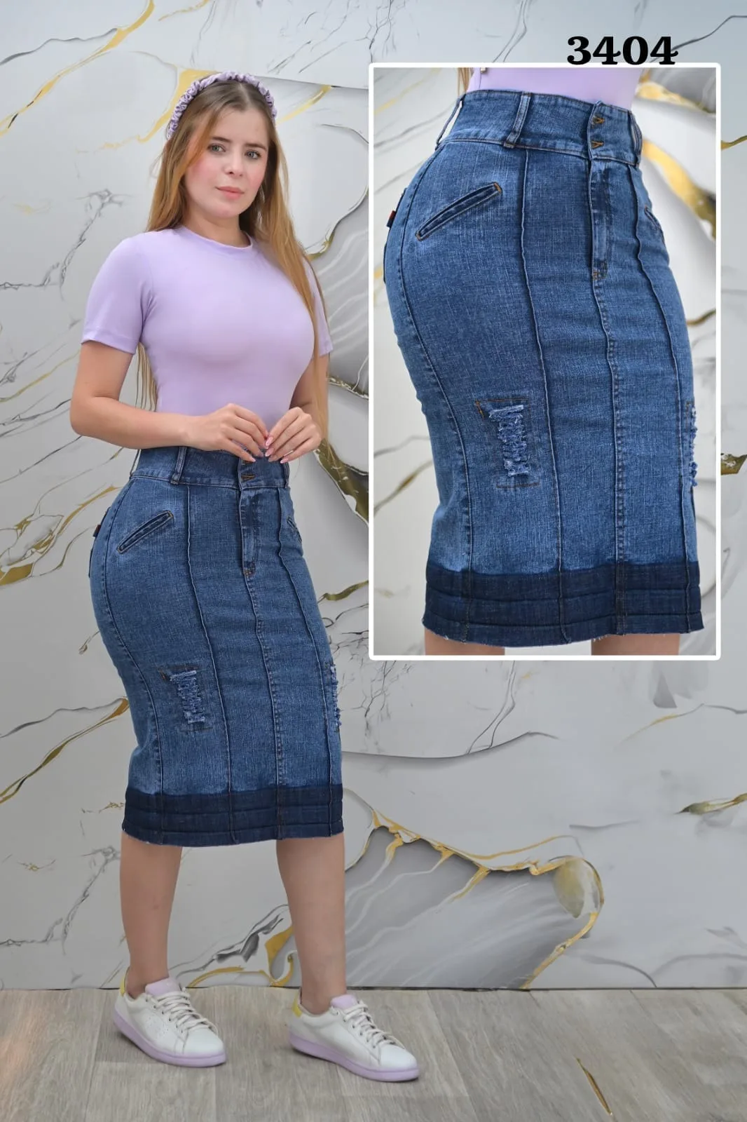 Falda azul medio con costuras y bajo oscuro · Ref. 3404. Fotografía 2 de la prenda.