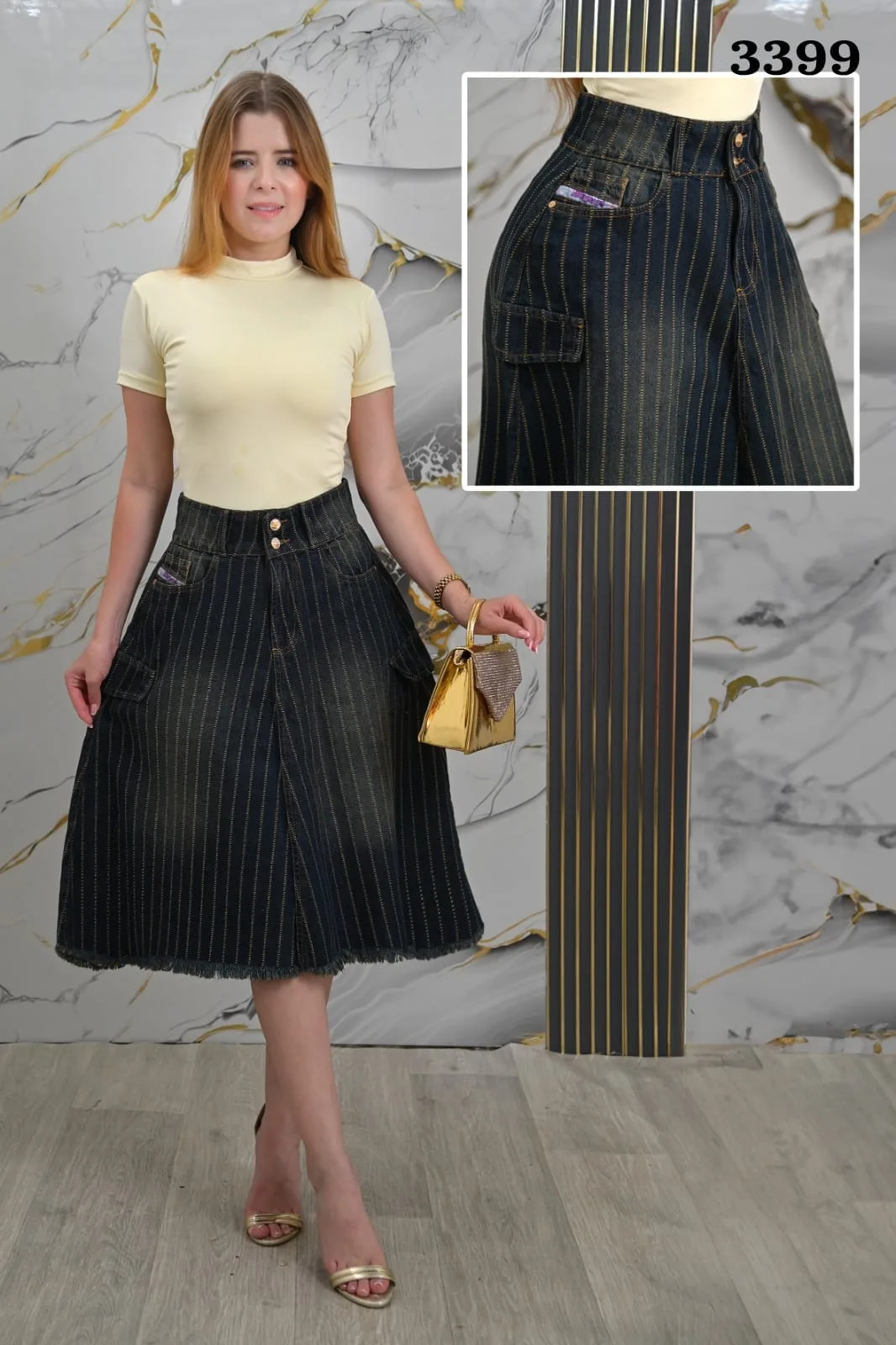 Falda negra a rayas con bolsillos · Ref. 3399. Fotografía 1 de la prenda.
