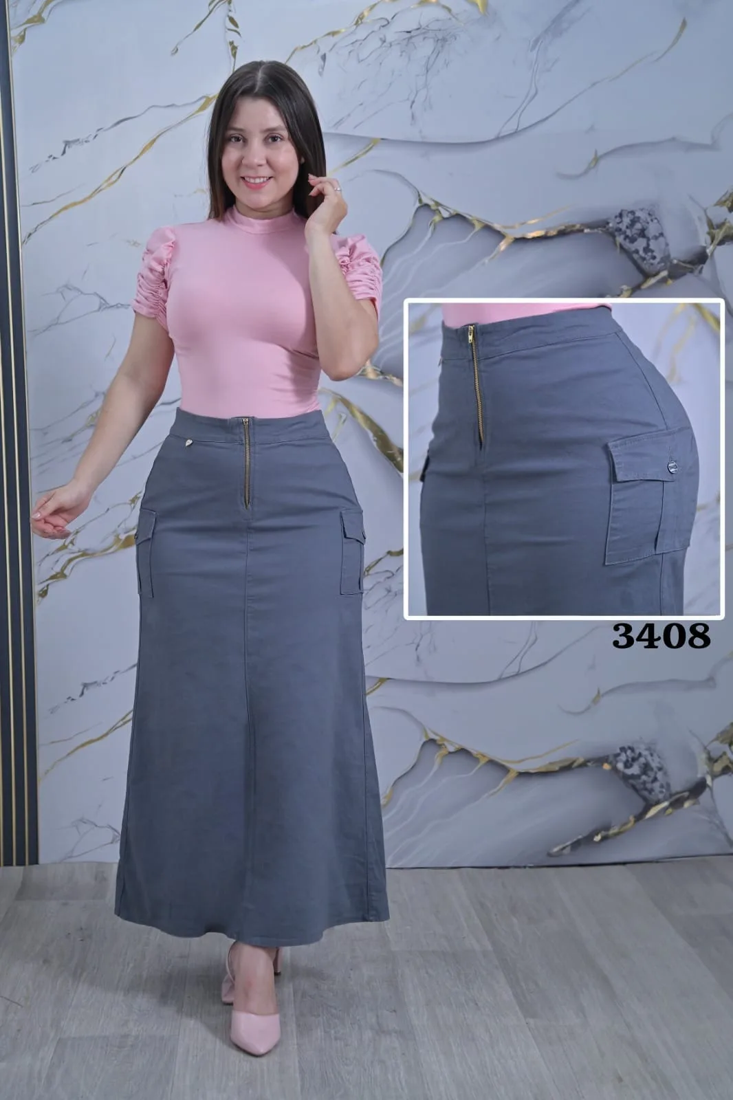 Falda larga gris con cierre y bolsillos · Ref. 3408. Fotografía 1 de la prenda.