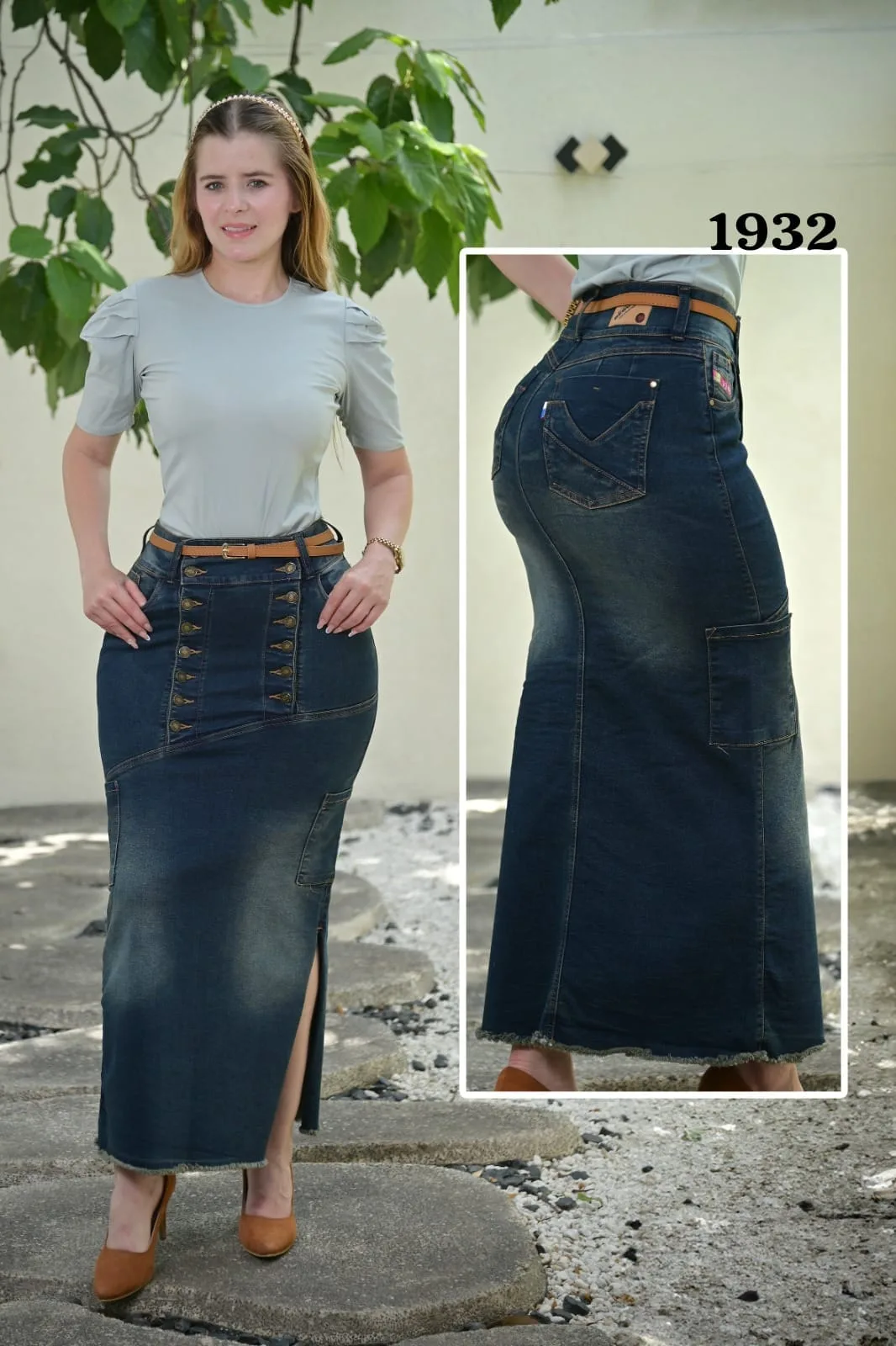 Falda larga azul oscuro con abertura lateral · Ref. 1932. Fotografía 1 de la prenda.