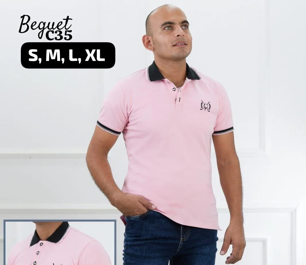 Polo rosa con cuello y ribetes oscuros · Ref. C35. Fotografía 1 de la prenda.