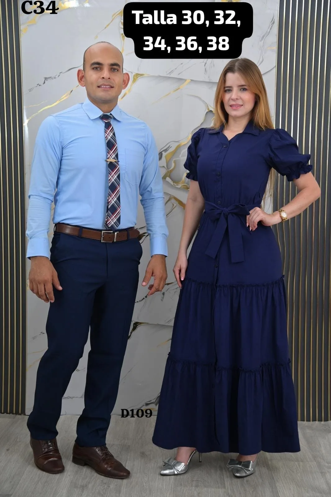 Vestido largo azul oscuro con lazo. Fotografía 1 de la prenda.